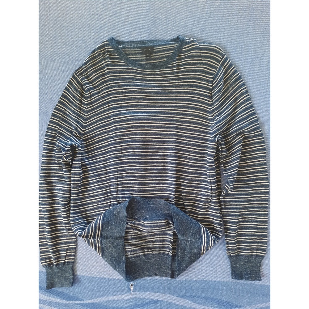 J. Crew Mens XL Blue White Striped Cotton Crewneck Sweater Lightweight Knit